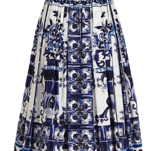Dolce Gabbana Skirt + Crop Top Set Majolica Print & Pleated Poplin Midi Skirt - Picture 13 of 15